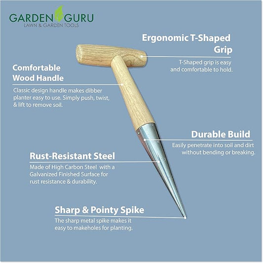 Garden Guru Steel Dibber Bulb Planter Tool for Planting Seeds & Bulbs - Depth Measurements, High Carbon Steel & Comfortable Wood Carved Handle - for Planting Flowers, Tulips - 1 Case (100 Pcs)