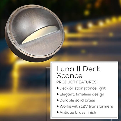 Light to Form® | Luxury Brass Luna II | Low-Voltage Deck & Step Light 3W | 12V AC | 2700K Bulb | Frosted Lens | Antique Brass Finish | Outdoor Landscape Sconce | Weather Resistant | Energy Efficient