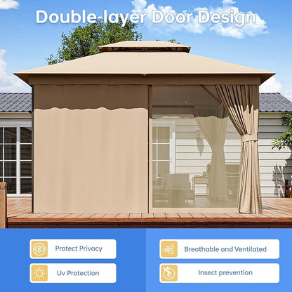Outdoor Gazebo Metal Frame Patio Pergola Double Roofs Patio Canopy with Double-Layer Door and Mosquito Netting for Deck, Backyard, Lawn (Beige, 10x12FT)