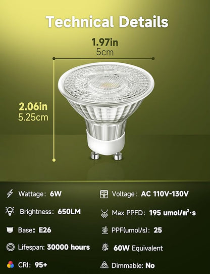6W LED GU10 Grow Light Bulb, Natural White 4000K Full Spectrum Plant Light for Indoor Plants, E26 Base, 6 Pack