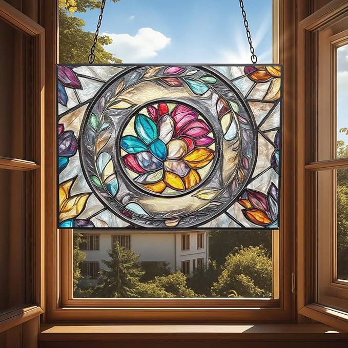 Customized Rectangle Floral Ring Suncatcher Stained Glass Window Hangings Sun Catchers Colorful Ornament Gifts for Women Mom Wife Halloween Christmas Housewarming