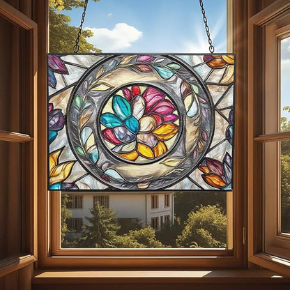 Customized Rectangle Floral Ring Suncatcher Stained Glass Window Hangings Sun Catchers Colorful Ornament Gifts for Women Mom Wife Halloween Christmas Housewarming