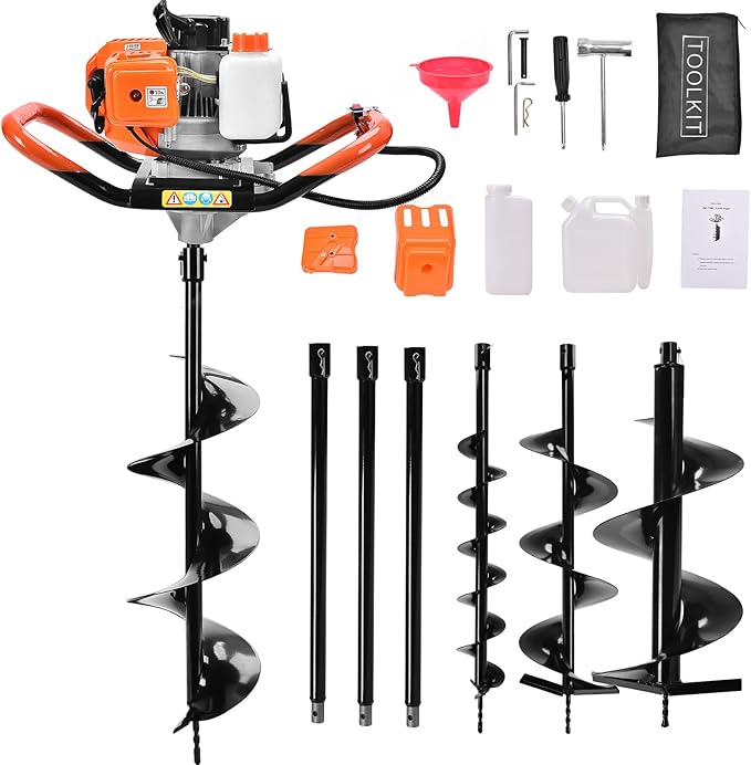 Post Hole Digger,72CC Auger Post Hole Digger Gas Powered Auger with 3 Earth Drill Bits 4" & 8" & 12", 3 Extension Rods for Fence Garden Farm Plant,EPA Certification