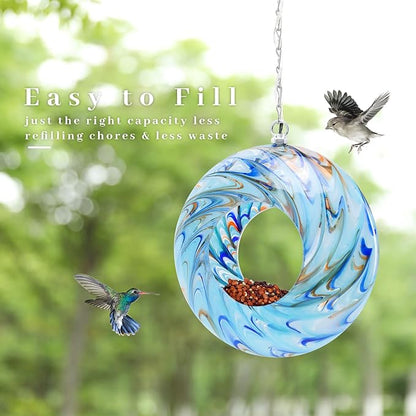 VCUTEKA Bird Feeder Solar Fly Through Bird Feeders for Outside Hanging with Round Shape Glass Container to Attract Wild Birds for Garden Decor, Solar Birdfeeder as Gift for Lovers, Light Blue 8-Inch