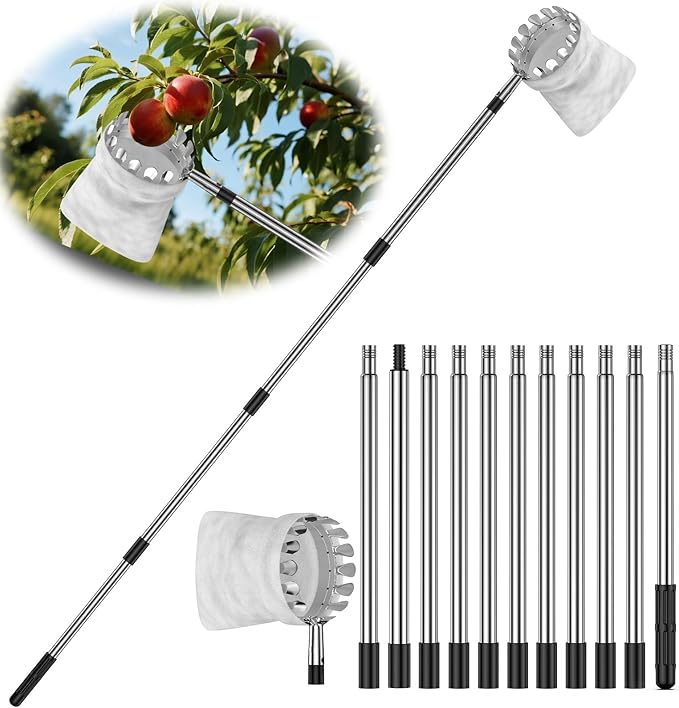 13.8 FT Fruit Picker Tool with Stainless Steel Pole & Soft Basket – Adjustable Tree Fruit Harvester for Apple, Mango, Avocado, Orange, Pear, Lemon & More – Lightweight & Rust-Resistant