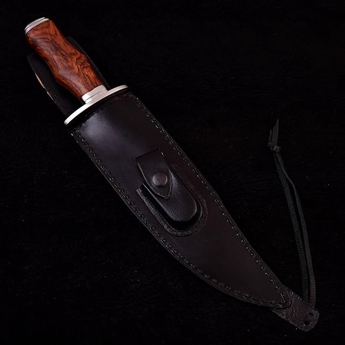 METAL OF HONOR Bowie Knife D2 Fixed Blade Hunting Knife with Leather Sheath for Camping, Hiking, Survival 15 inch bushcraft knife with Solid Engineered Wood Handle (wood)