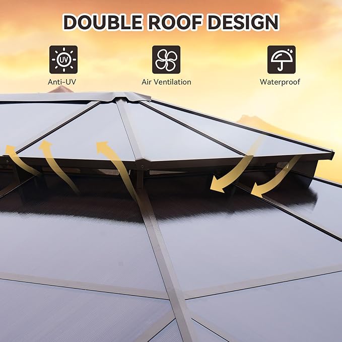 Aoxun 10'x13' Hardtop Gazebo, Aluminum Frame Permanent Pavilion with Netting and Curtains, Outdoor Polycarbonate Double Roof Canopy, Designed for Lawn, Garden, Patio (Khaki)
