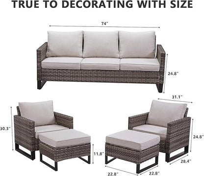 HUMMUH 5 Piece Patio Furniture Set All Weather Wicker Outdoor Sectional Sofa,High Back Patio Chairs and Ottomans for Porch,Garden,Backyard