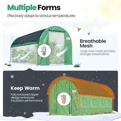 KING BIRD Premium 15x6.6x6.6FT Greenhouse for Outdoors, Large Walk-in Heavy Duty Galvanized Steel Frame, Mesh Door Screen Window Tunnel Hoop Garden Plant Winter Hot House, Side Screen Mesh, Green