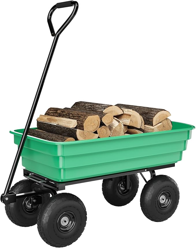 6 Cu.Ft. 1200Lbs Garden Cart Dump Wagon, Heavy-Duty 4 Wheel Wheelbarrow Yard Cart with 13-Inch All-Terrain Wheels, Features A Quick-Release Tipping Function, for Courtyards, Farm and Gardening