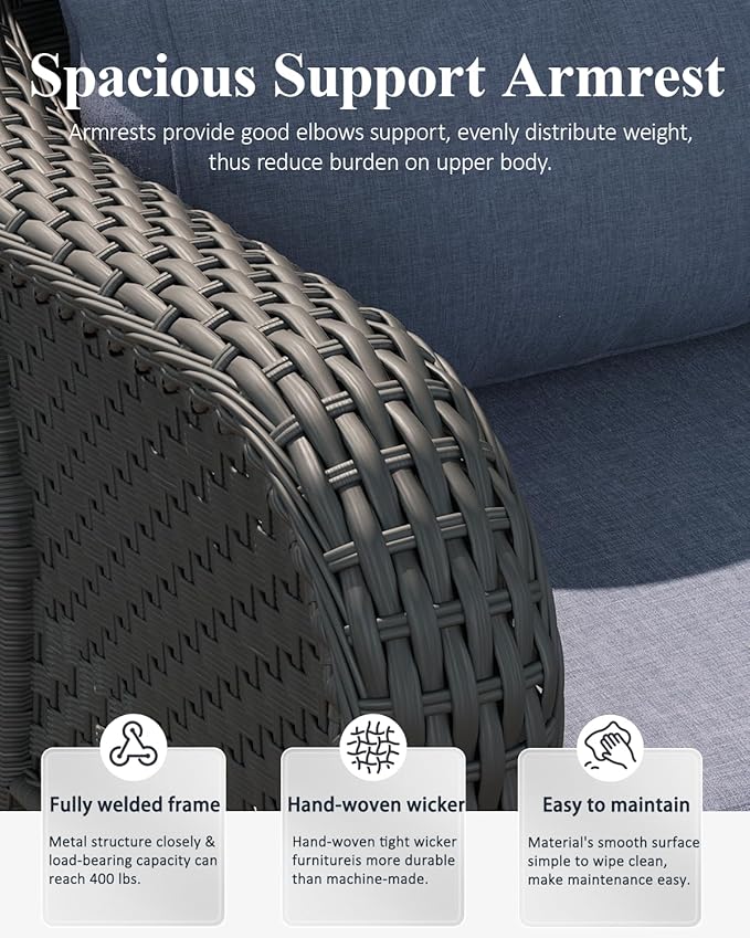 LayinSun 8 Piece Wicker Outdoor Furniture Set with 6-inch Comfy Cushions, High Back Patio Furniture Set with Swivel Rocking Chairs and Fire Pit Table