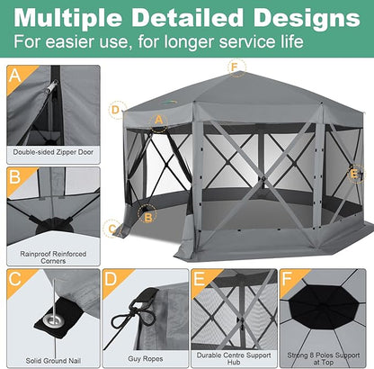 COBIZI 15x15ft Extra Large Pop-Up Gazebo Canopy Tent with Mosquito Netting, Spacious Easy Set-Up Screened Shelter, Durable Outdoor Pavilion with Ground Stakes, Perfect for Patio, Backyard,Gray