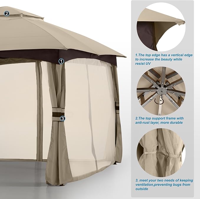 MASTERCANOPY Outdoor Patio Gazebo for Garden with Upgrade Steel Frame and Netting Walls (10x10, Khaki)