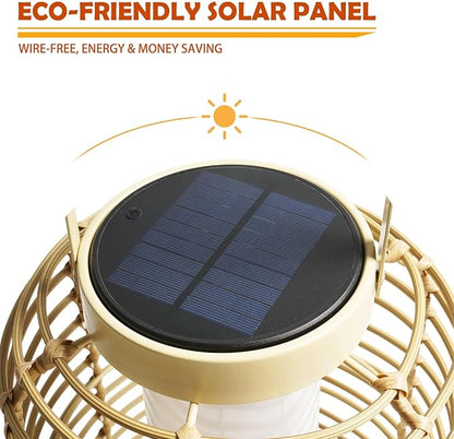 Solar Yard Outdoor Austin Solar Powered Floor Lamp Set of 4, 14-inch Wicker Woven LED Lamp, Water-Resistant Garden Light, Boho Style, Decor for Balcony, Porch, Yard, Pathway, Natural Color