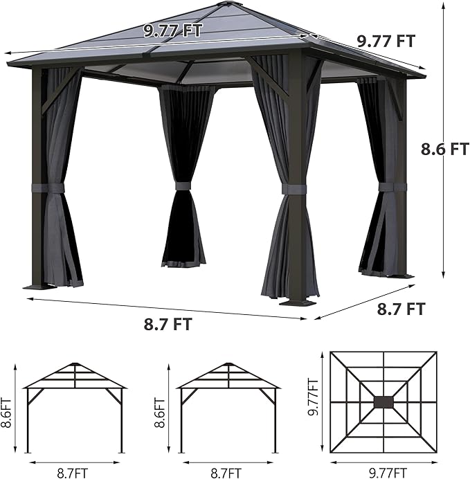10x10FT Gazebo Hardtop, Outdoor Patio Gazebos with Polycarbonate Roof & Steel Frame, Outdoor Pavilion with Gray Curtain&Netting for Backyard/Lawn/Garden/Deck