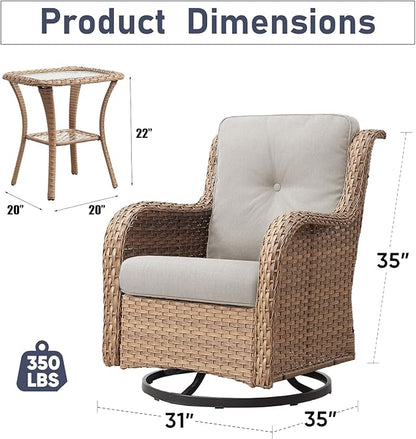 Luxury Wicker Swivel Patio Chairs Set of 3, Outdoor Swivel Rocking Chairs with Side Table, Outdoor Bistro Set for Patio, Porch, Yard, Deck, Poolside, Yellow/Beige