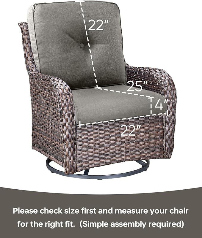 Pop 22x25/22x24 Outdoor Cushions for Patio Couch Chairs Set of 3 - High Back Comfy Outside Seat Cushions for Lawn Wicker Dining Rocker Glider Loveseat 3-Seater Sectional Sofa - Grey/Button