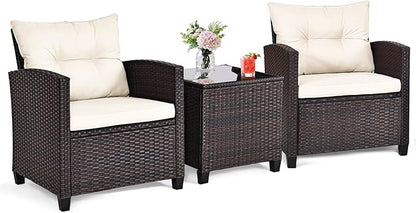 ORALNER 3 Pieces Patio Furniture Set, Outdoor Wicker Conversation Set Rattan Chairs with Cushions, Glass Coffee Table, Bistro Set for Front Porch Balcony Garden Deck Poolside (White)