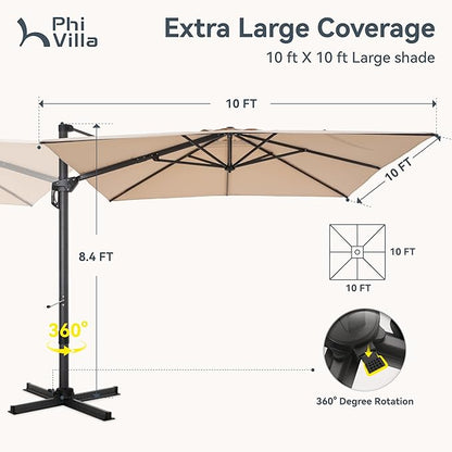 PHI VILLA 10ft Patio Umbrella with Base. 360° Rotation & 7-Level Tilt Outdoor Cantilever Umbrella with Easy Crank Handle. Square Offset Umbrella Heavy Duty for Garden Poolside Backyard (Beige)