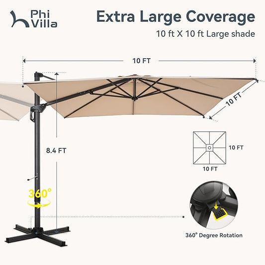 PHI VILLA 10ft Patio Umbrella with Base. 360° Rotation & 7-Level Tilt Outdoor Cantilever Umbrella with Easy Crank Handle. Square Offset Umbrella Heavy Duty for Garden Poolside Backyard (Beige)