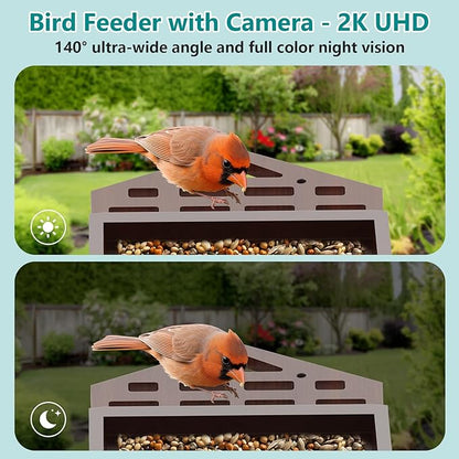 Smart Bird Feeder with Camera Solar Powered AI Identification 10,000+ Bird 2K UHD Video Live Instant Arrival Alerts and Real-Time Motion Detection Weatherproof Bamboo for Outdoor Birds Lovers