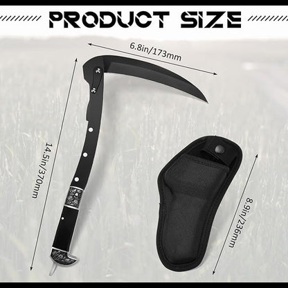WILLBOND Black Sharp Folding Sickle Garden Tool Portable Safety Grass Hand Sickle Knife with Sheath Wooden Handle 2 Sections for Gardening Farming Lawn Grass Weeds Hand Tools