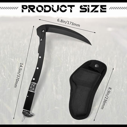 WILLBOND Black Sharp Folding Sickle Garden Tool Portable Safety Grass Hand Sickle Knife with Sheath Wooden Handle 2 Sections for Gardening Farming Lawn Grass Weeds Hand Tools