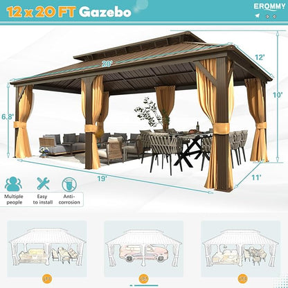 EROMMY 12' x 20' Hardtop Gazebo, Aluminum Frame Gazebos with Galvanized Steel Double Roof, Permanent Outdoor Metal Pavilion with Curtain and Netting for Patio, Lawn, Deck