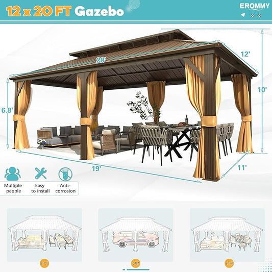 EROMMY 12'x20' Gazebo Hardtop, Galvanized Steel Double Roof Metal Gazebo with Aluminum Frame, Permanent Outdoor Pavilion with Curtain and Netting for Patio, Lawn and Garden, Brown