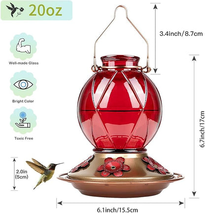 BOLITE Hummingbird Feeder, Glass Hummingbird Feeder for Outdoors, Meshy Texture Ball Shape Bottle, 20 Ounces, Red, Birthday Gifts for Women Men, Gifts for Mom Dad