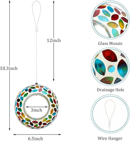 Yinns Bird Feeder - Hanging Mosaic Glass Birdfeeder, Fly Through Bird Feeders with Oval Stained Glass, Outdoor Garden Decor, 6.5 inch