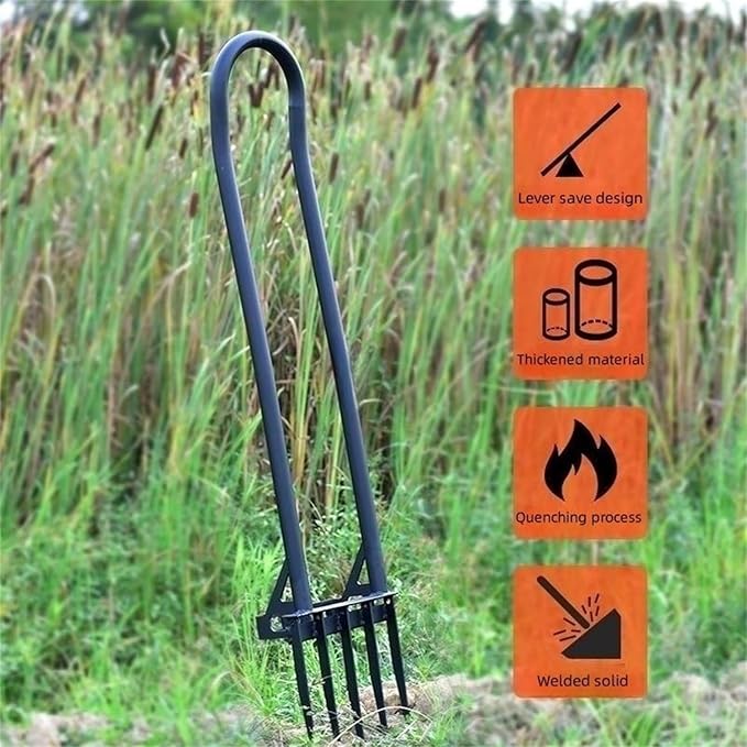 Heavy Duty Garden Broadfork - 46" Steel Long Dual Handle Pitch Fork (Ergonomic Grip for Labor-Saving), 5 Tempered Diamond Tines for Soil Loosening, Weeding, Composting, Aeration & Transplanting
