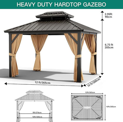 12'x10' Hardtop Gazebo, Heavy Duty Aluminum Permanent Hardtop Gazebo Outdoor Pavilion with Curtains and Netting for Garden