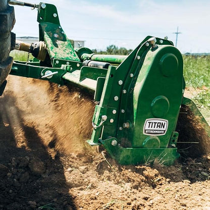 Titan Attachments 3 Point 60" Rotary Tiller Attachment, Fits Cat 1 Tractors, Green Finish, PTO Driven Cultivator with a 540 RPM Gearbox, Replaceable Tines, Aerates Ground Soil