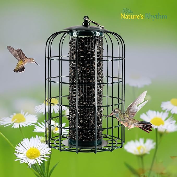 Nature's Rhythm Outdoor Hanging Bird Feeder Cage Mesh Tube Squirrel Proof Wild Bird Feeder with Large Metal Seed Guard Deterrent