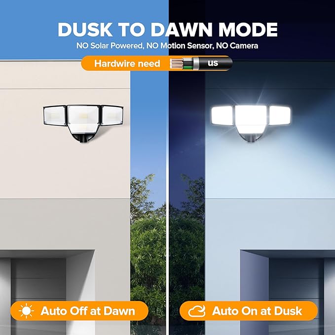 LUTEC 80W Dusk to Dawn Flood Lights Outdoor, 9000LM Super Bright LED Security Light with Photocell, IP65 Waterproof, 5000K Daylight, Hardwired 4 Heads Floodlight for Garage, Yard -2 Pack (Black)