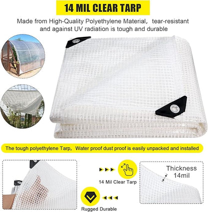 Clear Greenhouse Heavy Duty tarp 14 Mil Clear Waterproof Cover,UV Resistant Poly Tarp with Grommets 10x20ft Superior Strength,for Gardening, Farming, Nursery, Garden