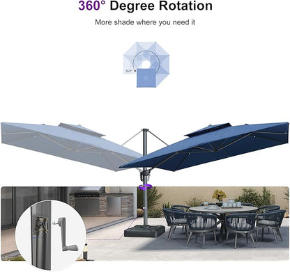 PURPLE LEAF Cantilever Umbrella with Base Included Double Top Large Offset Hanging 12FT Outdoor Square 360° Rotation Heavy Duty Umbrella for Garden Patio Deck Pool Backyard Spectrum Indigo