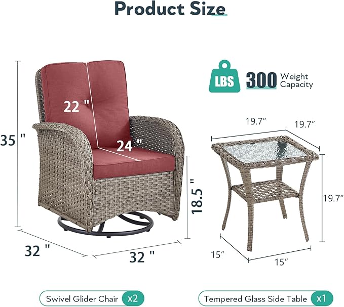 Outdoor Swivel Glider Rocker Chairs - 3 Piece Wicker Patio Furniture Set, All Weather Patio Bistro Sets with Glass Side Table for Balcony Porch Deck Backyard - Grey Wicker Red Cushion