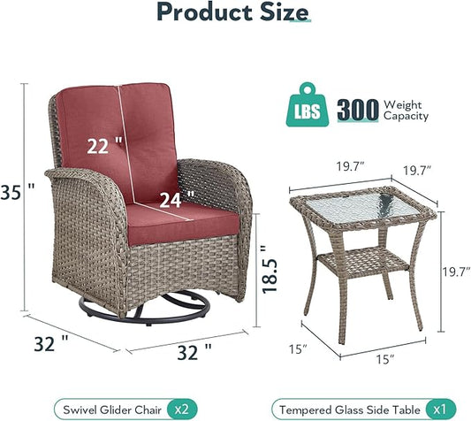Outdoor Swivel Glider Rocker Chairs - 3 Piece Wicker Patio Furniture Set, All Weather Patio Bistro Sets with Glass Side Table for Balcony Porch Deck Backyard - Grey Wicker Red Cushion