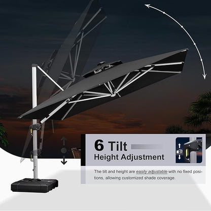PURPLE LEAF 11 Feet Double Top Deluxe Solar Powered LED Square Patio Umbrella Offset Hanging Umbrella Outdoor Market Umbrella Garden Umbrella, Black