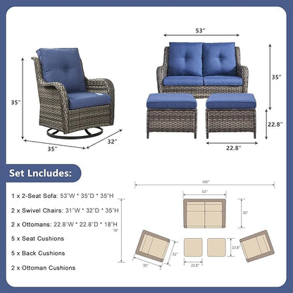 Rilyson 5 Piece Outdoor Patio Furniture Set - Rattan Wicker Patio Conversation Sets with 2 Swivel Rocker Chairs,2 Ottomans and 1 Loveseat for Outside Porch Deck Backyard(Mixed Grey/Blue)