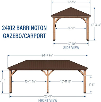 Backyard Discovery Barrington 24' x 12' Cedar Wood Outdoor Gazebo Pavilion with Hardtop Galvanized Steel Hip Roof, Snow Support, Wind Resistance, PowerPort, Shade for Garden, Patio, Deck, Entertaining