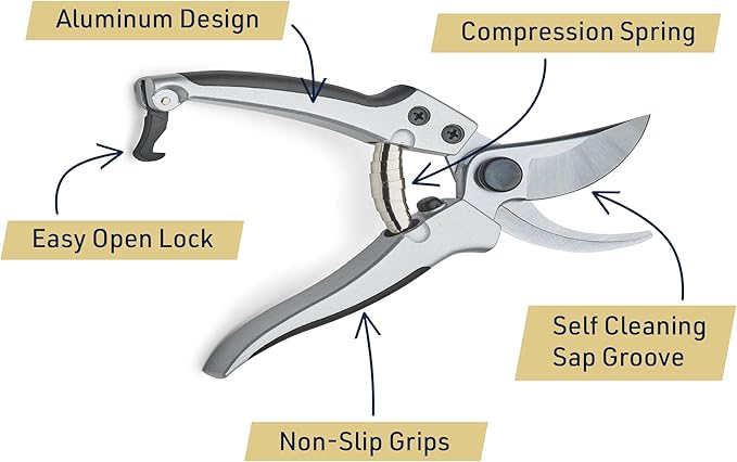 Kings County Tools 8" Steel Bypass Pruner | Spring-Loaded Snap Catch | Cast Aluminum with Rubber Surface Grips | Works Best with Green Branches and Material