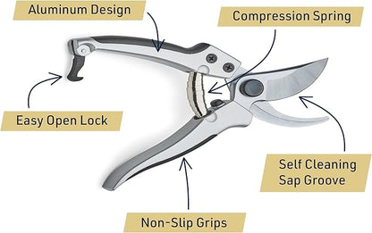 Kings County Tools 8" Steel Bypass Pruner | Spring-Loaded Snap Catch | Cast Aluminum with Rubber Surface Grips | Works Best with Green Branches and Material