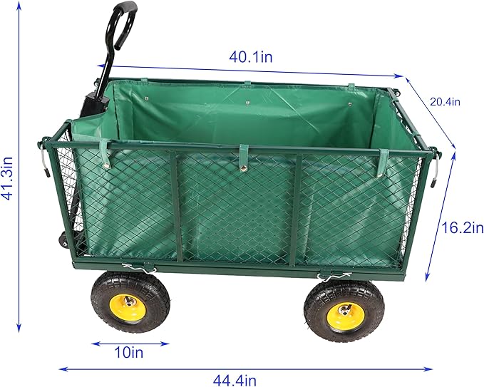 Heavy Duty Garden Wagon with Foldable Sides, Pneumatic Tires, Adjustable Handle (Green + Cloth Pocket)