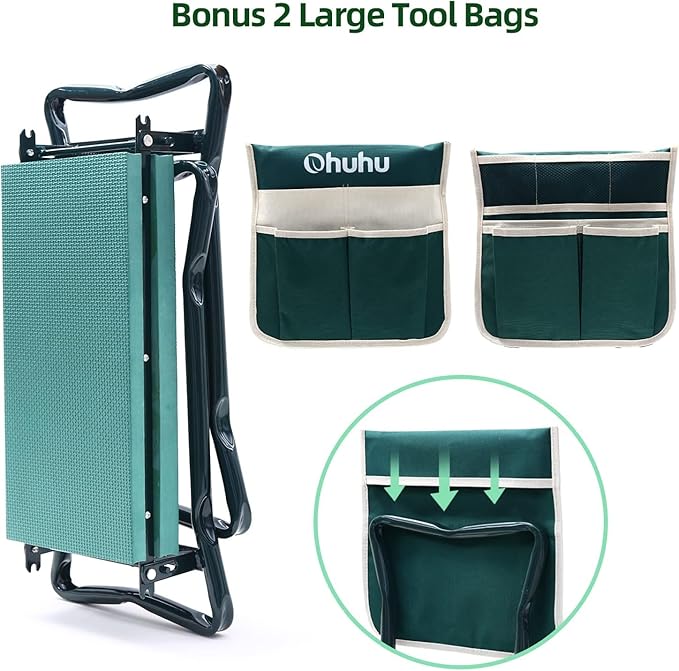 Ohuhu Garden Kneeler and Seat Heavy Duty, Upgraded Gardening Stool with Thicker and Wider EVA Foam Kneeling Pad Foldable Garden Bench with 2 Large Tools Pouches, Ideal Gardening Gifts for Women Men