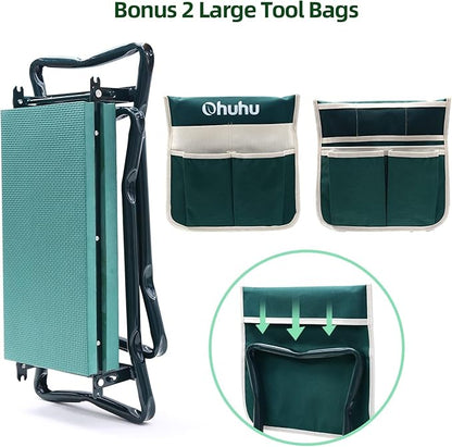 Ohuhu Garden Kneeler and Seat Heavy Duty, Upgraded Gardening Stool with Thicker and Wider EVA Foam Kneeling Pad Foldable Garden Bench with 2 Large Tools Pouches, Ideal Gardening Gifts for Women Men