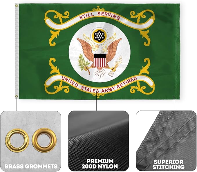 AGAS US Army Retired Boat Flag 12x18 inch - Printed 200 Denier Nylon - Double Stitched Edges Canvas Header Brass Grommets - Indoor/Outdoor United States Army Retired Boat Flag