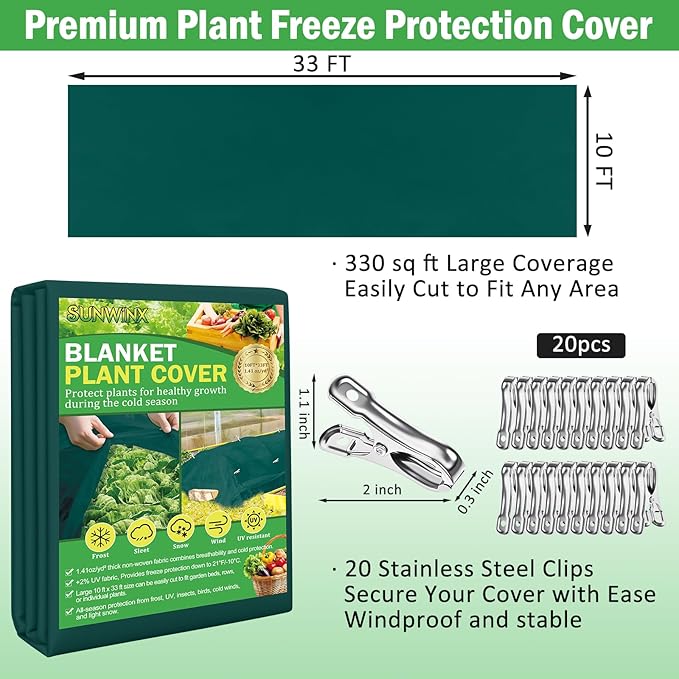 10×33 ft Plant Covers Freeze Protection- 1.4 oz/yd² Frost Cloths Blankets for Outdoor Plants, Reusable Floating Row Cover Plant Freeze Protection for Winter Garden Vegetables Raised Bed, Green